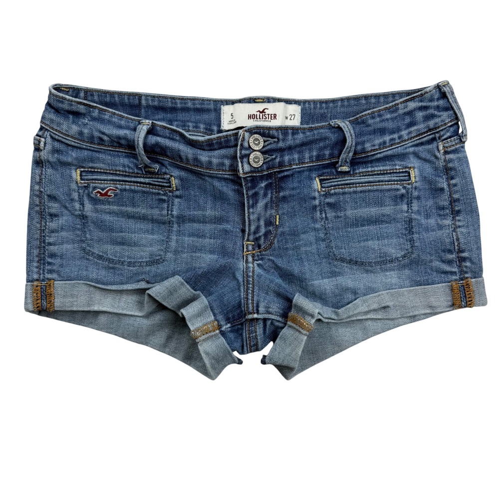 VTG Y2K Hollister Ultra Low Rise Cuffed Denim Mini Micro Shorts Size 5 W27